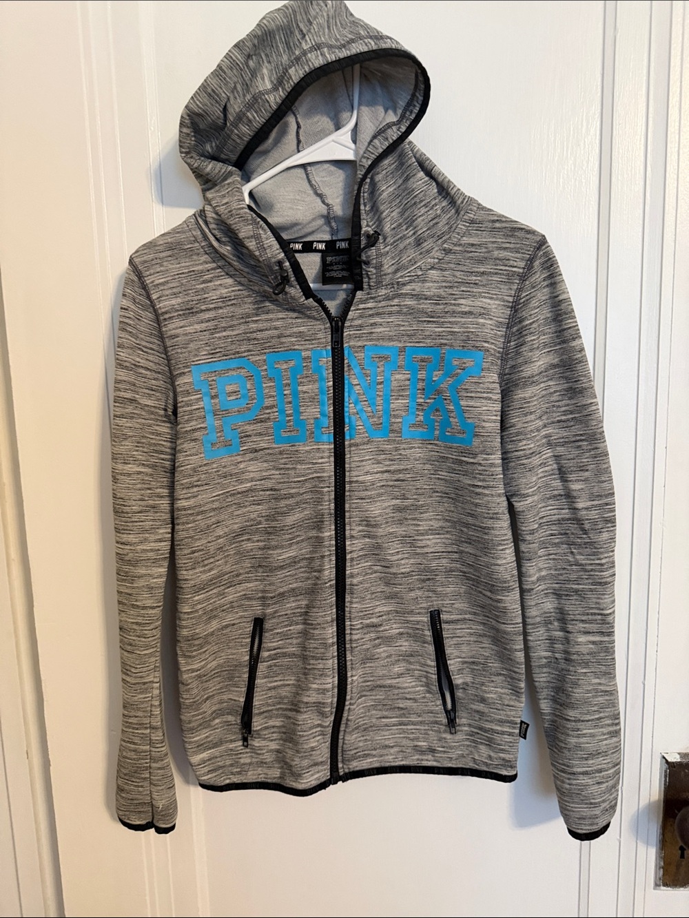 PINK Victoria's Secret Gray Full-Zip Hoodie with Blue Logo
